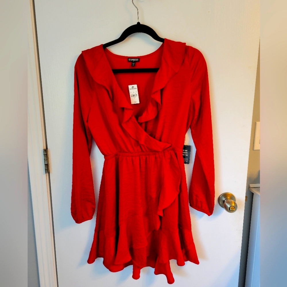 Red Long Sleeve Ruffle Dress, Small